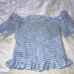Blue and white checkered off the shoulder crop top